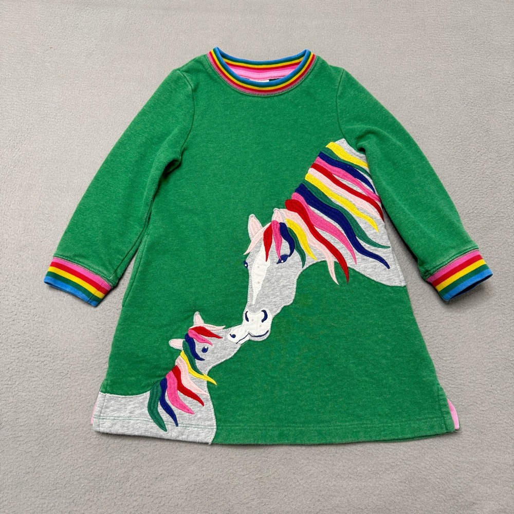 Mini Boden Horse Dress Girls 3 4Y Green Rainbow Cotton Sweatshirt Sleeve
